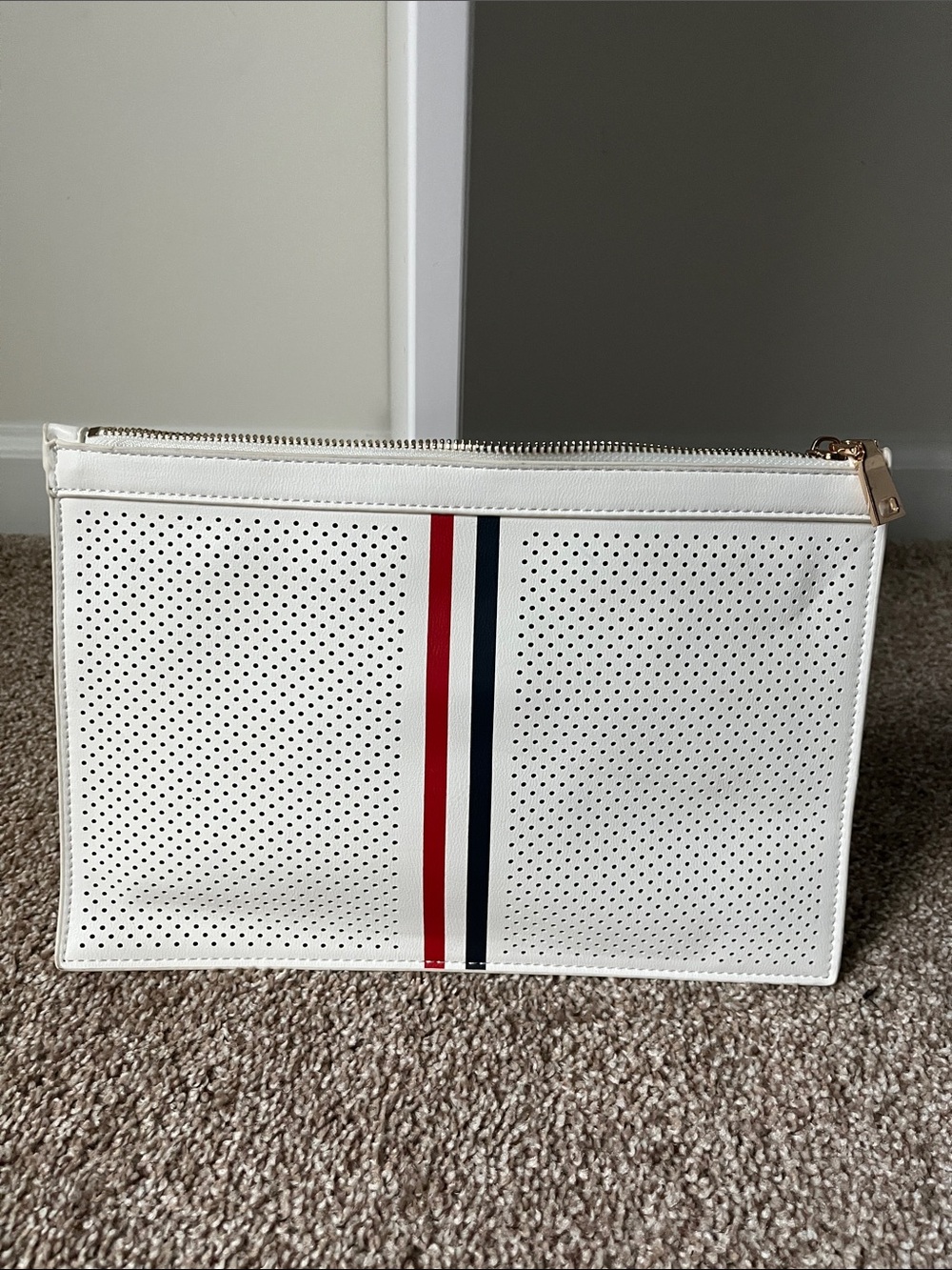 Moda Luxe White Perforated Clutch with Red and Navy Stripes